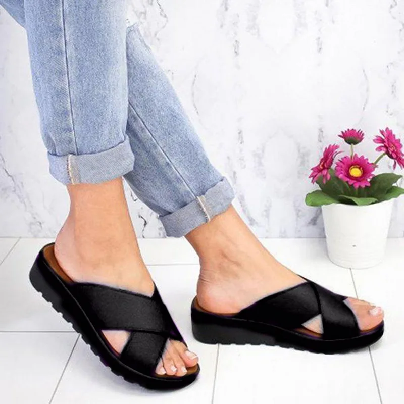 

Female Open Toe Comfy Platform Flat Slippers Ladies Casual Soft Foot Correction Slippers Summer Fashion Women Leather Shoes