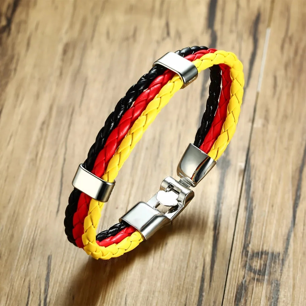 Men's German Flag Braided Leather Bracelet for Men National Cuff Bangle