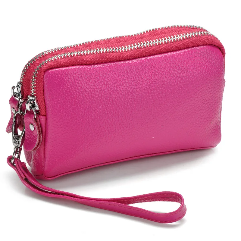 Модные мягкие женские клатчи из натуральной кожи, клатчи, сумка-Органайзер, двойная молния, настоящая воловья сумка для телефона, сумка на запястье - Цвет: Ярко-розовый