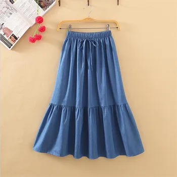 

Summer 2018 Casual Retro Blue Jean Skirts Slim High Waist Belted Loose Hem Girlish Ruffles Denim Skirts Patchwork Large Size 7XL
