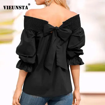 

VIEUNSTA New Sexy Off Shoulder Bowknot Blouse Spring Summer Strapless Women Tops Slash Neck Shirts Casual Loose Blusas Plus Size