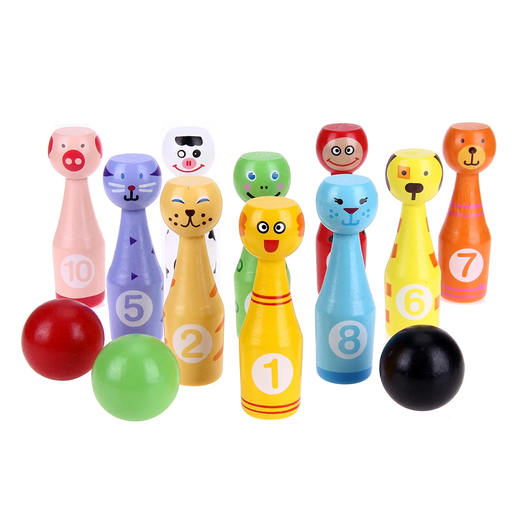 13pcs/set Wooden Bowling Bottle Ball Game Cute Cartoon Animal Shape for Kids Children Early Development Sports Toys
