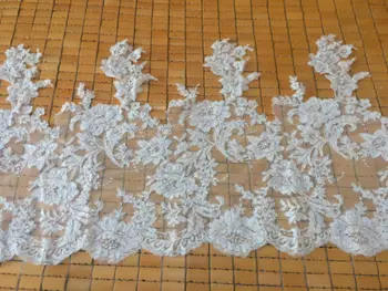 

48cm 18.9"*1Y Ivory Beaded and Sequined Alencon Lace Trim,Corded Wedding Dress Fabic