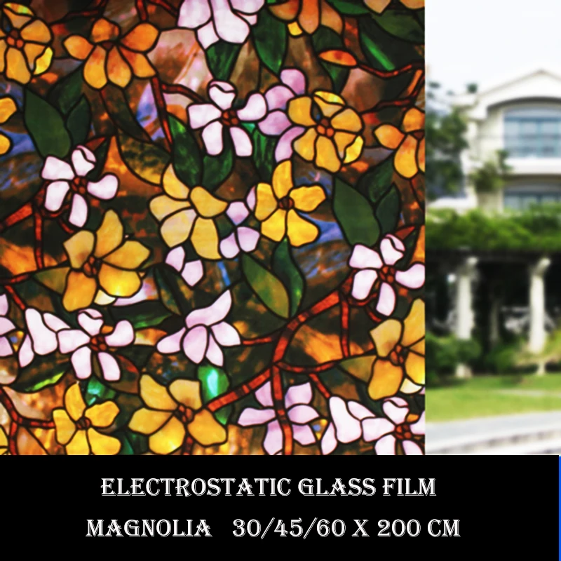 Summer Magnolia Static Cling Privacy Window Film, Shades Stained Glass Vinyl glass Film, 17.7