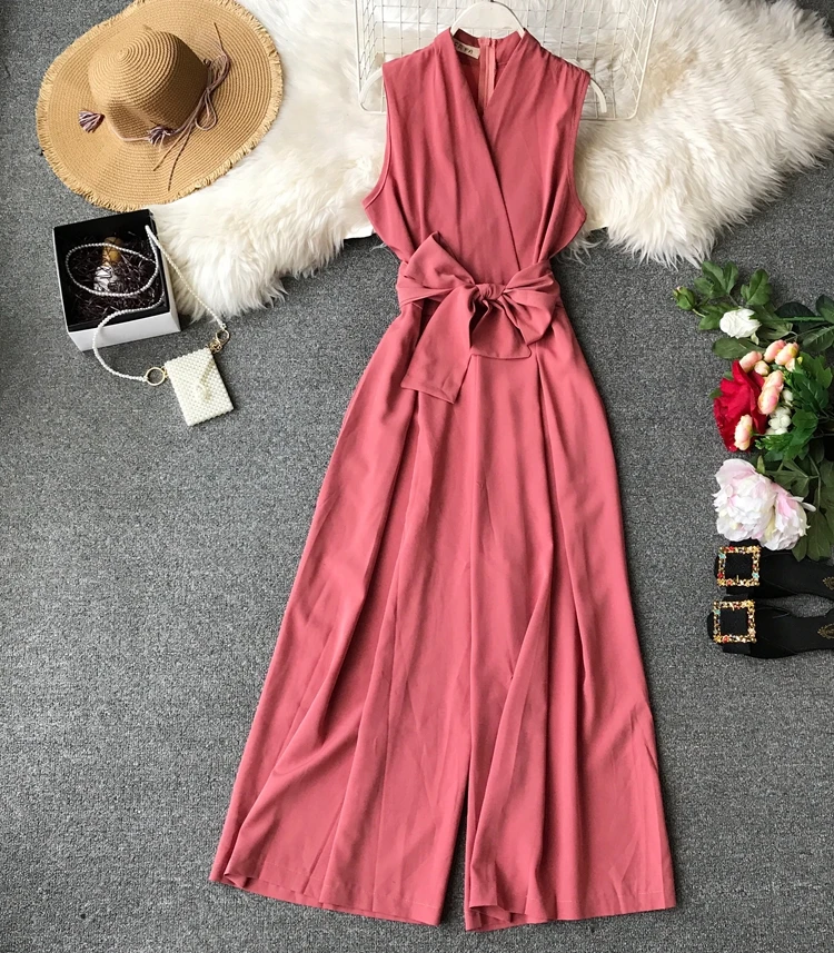 

Sleeveless Jumpsuits Women Summer New Long Korean Thin Casual High Waist Wide-legged Rompers Overalls E132