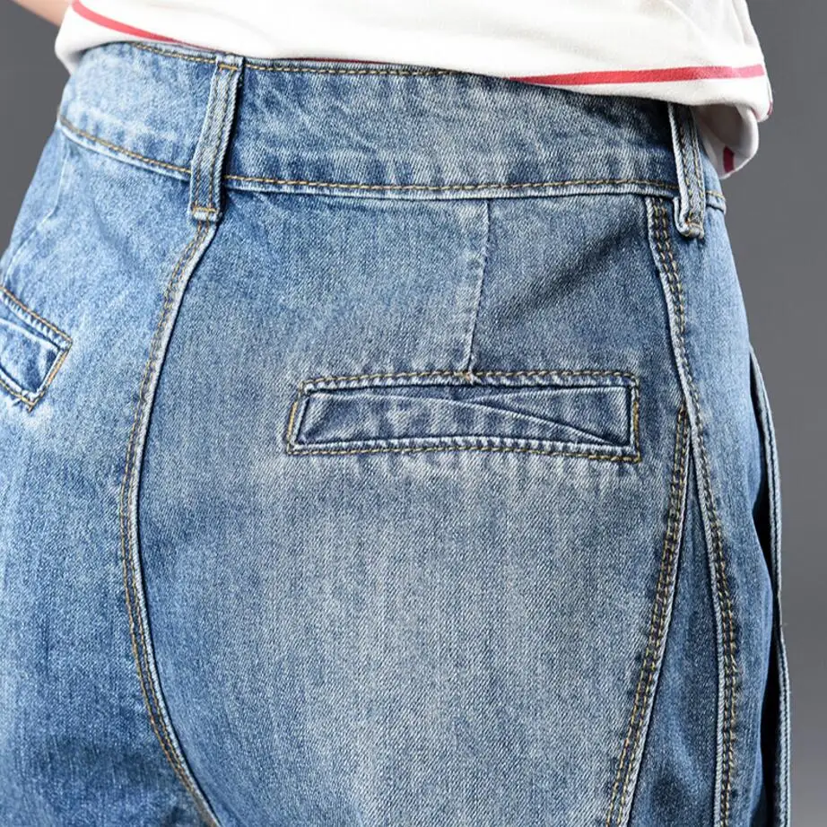 Летние Рваные джинсовые шорты для женщин оптом BF Свободные прямые короткие Feminino Высокая талия тонкие джинсовые шорты с потертостями 7XL 8XL 9XL
