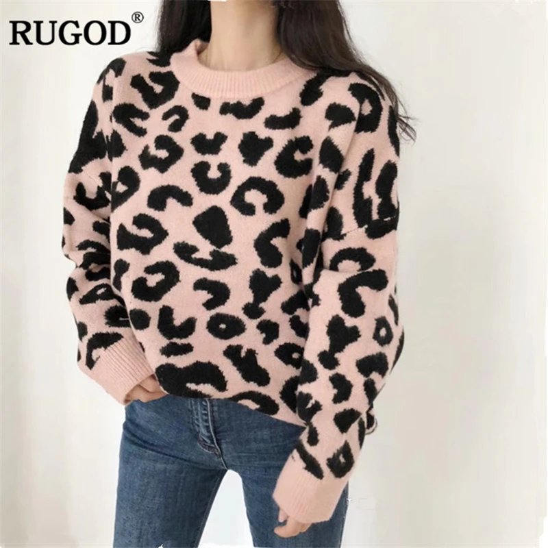RUGOD модный Леопардовый женский свитер с круглым вырезом, трикотажные пуловеры, повседневные женские топы в Корейском стиле, зимняя одежда maglioni donna