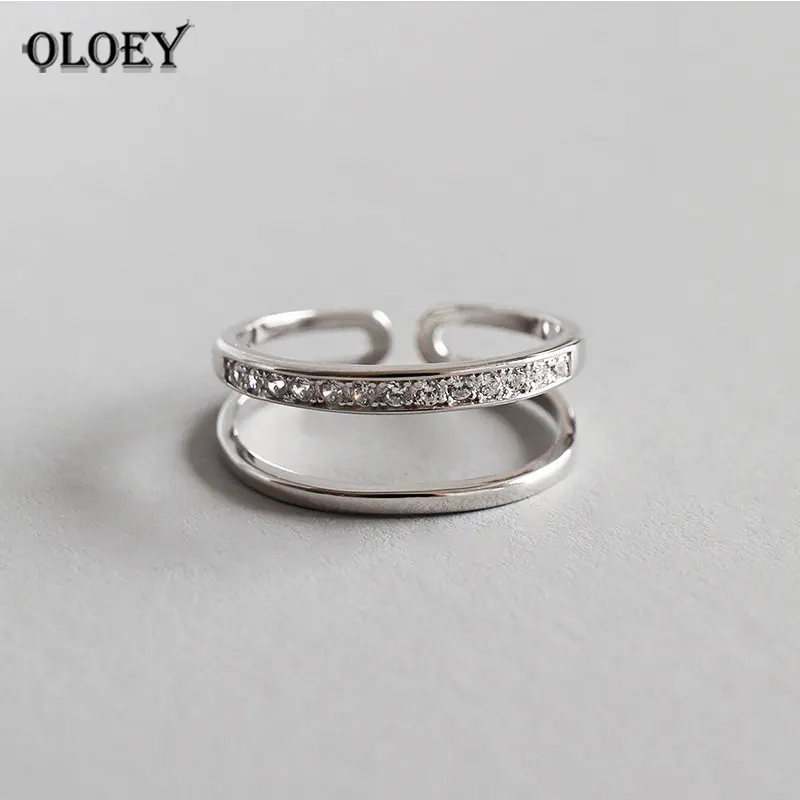 

OLOEY Pure 925 Sterling Silver Clear Zircon Adjustable Rings Double Lines Wedding Ring for Women Engagement Fine Jewelry YMR598