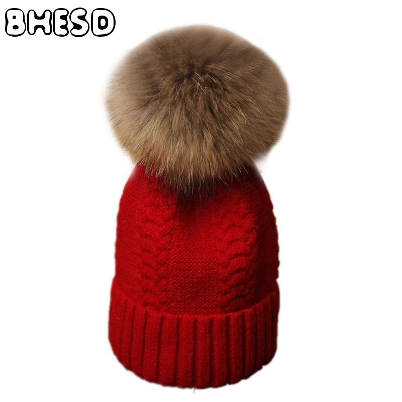 

BHESD 2017 New Real Raccoon Fur Pom Pom Hat Women Braid Knitted Pompom Hat Female Winter Red Mink Fur Skullies Cap Gorros JY-530