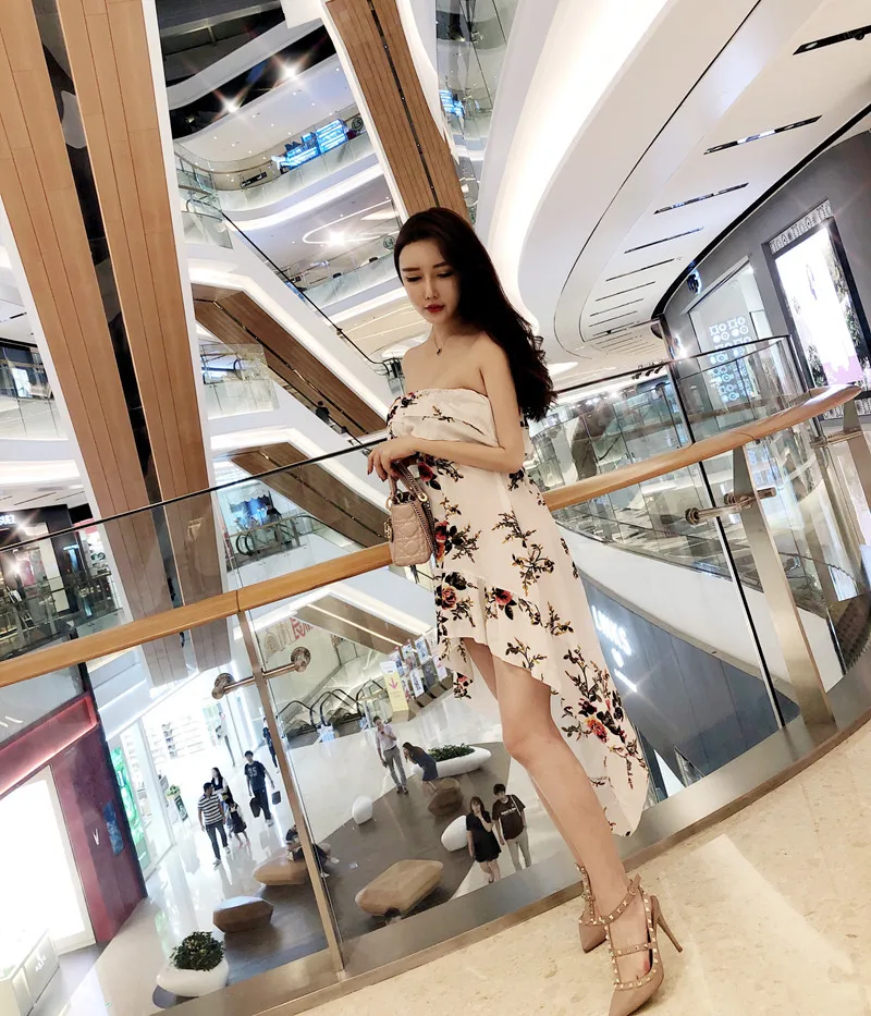 2018 New Summer Women's  Sexy  Printing  Ruffles Tops  Irregular Paty Dress Free Shipping