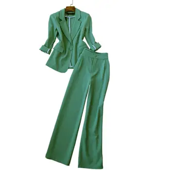 

Fashion Suit Suits female summer New high quality Green long sleeve one button suit jacket + high waist wide leg pants two sets