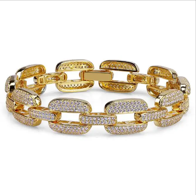

Zircon Tennis Chain Bracelet Men's Hip hop Jewelry Copper Material Gold Silver Rose Color Box Clasp CZ Bracelet Link 20.5cm