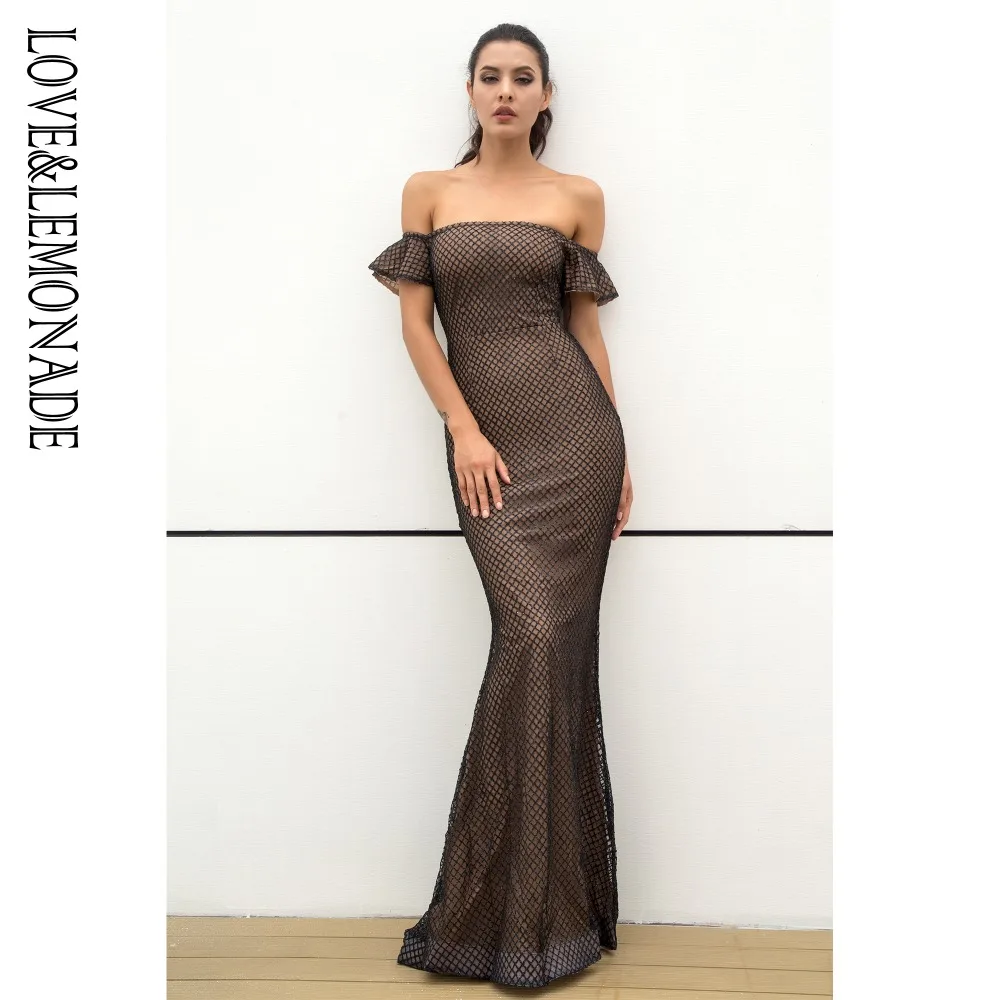 LOVE &amp LEMONADE Word Lead Black Plaid Bead Material Slim Long Dress LM0120 | Женская одежда