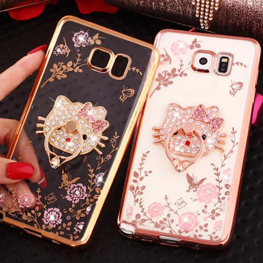 

For Samsung A3 A5 A7 2015 2016 2017 S7 edge S8 Plus Phone Case Luxury Diamond Rhinestone Crystal Finger Ring Buckle Soft Cover