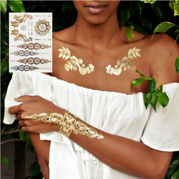 

1pc Temporary Tattoo Metal Tribal Flash Henna Gold And Silver Tattoos Jewelry Choker Tattoo Metallic Sticker Body Hand G0510