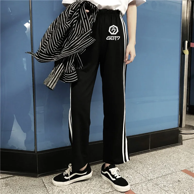 New Kpop GOT7 Same Black White Trousers Spring Summer Women Girls High Waist Cropped Pants Sweatpants Wide Leg Trousers