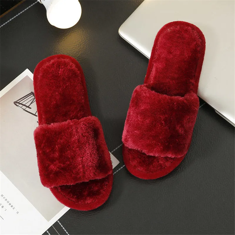 PKSAQ; красные Тапочки; теплые плюшевые зимние меховые тапочки; однотонная мягкая комнатная обувь на плоской подошве; домашние тапочки; теплая домашняя обувь