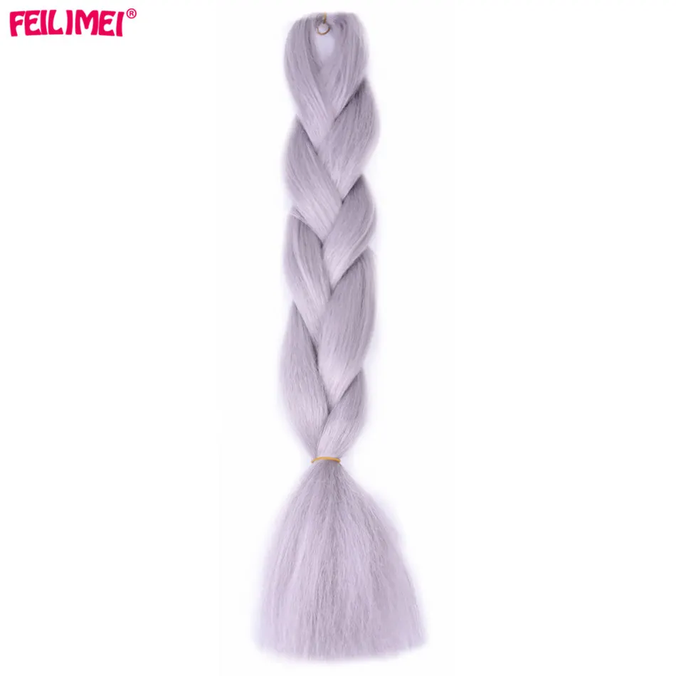 Feilimei Grey Braiding Hair Extension Синтетическое японское волокно Jumbo Braids 60cm 100g / pc Фиолетовый / Синий / Блондинка / Черный Вязание крючком Волосы - Цвет: T1B/серебристо-серый