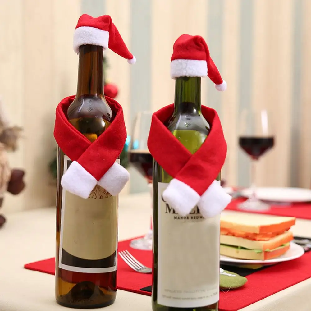 

2pcs/ Set Christmas Decoration Red Wine Bottle Covers Clothes With Hats For Home Christmas Dinner Party Or Gift Free Shipping