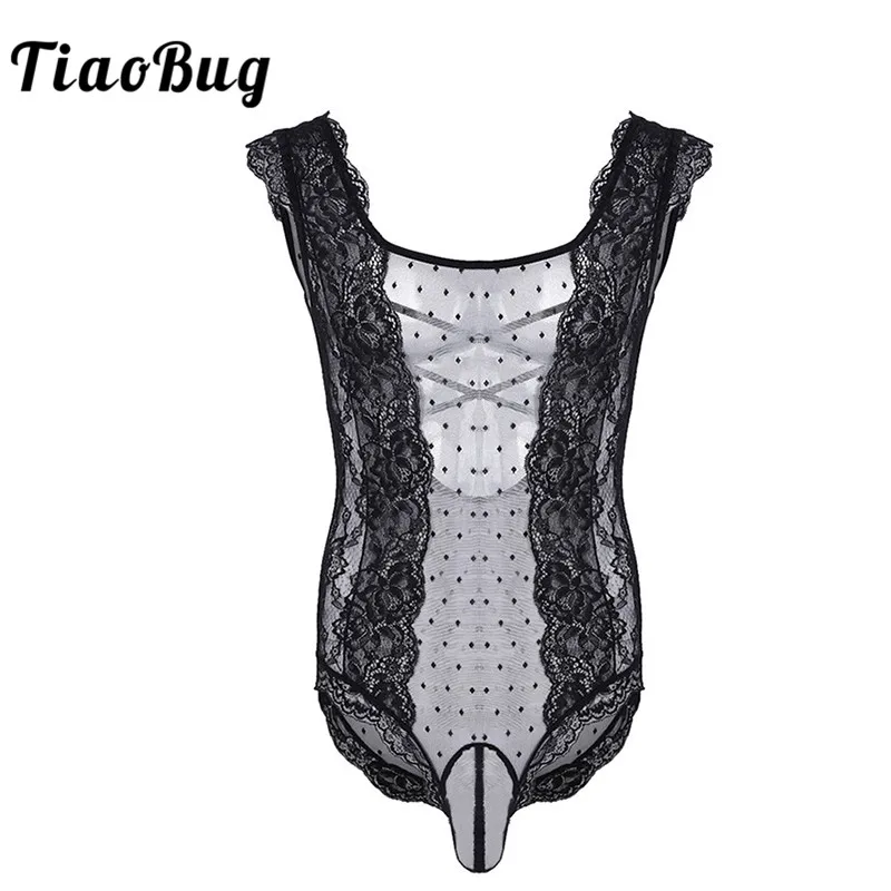 

TiaoBug para hombre negro de una pieza ropa interior de encaje Floral Polka Dots ver a través de malla Sissy bolsa Bodysuit Sexy hombres ropa de dormir