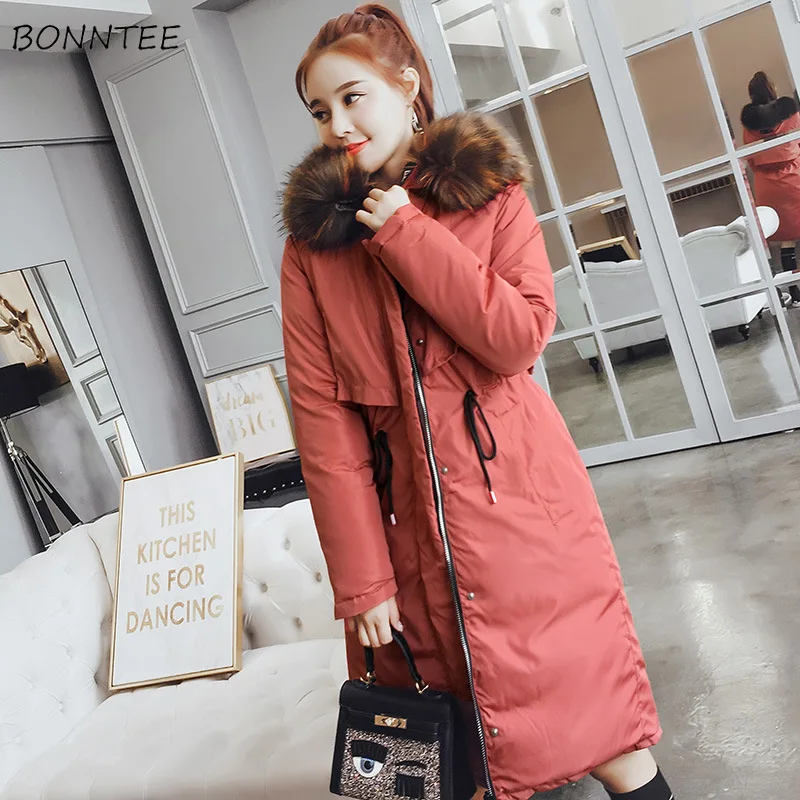 

Parkas Women Fur Collar Elegant Slim Thickening Hooded Coat Warm All-match Simple Trendy Womens Cute Korean Style Parka Outwear