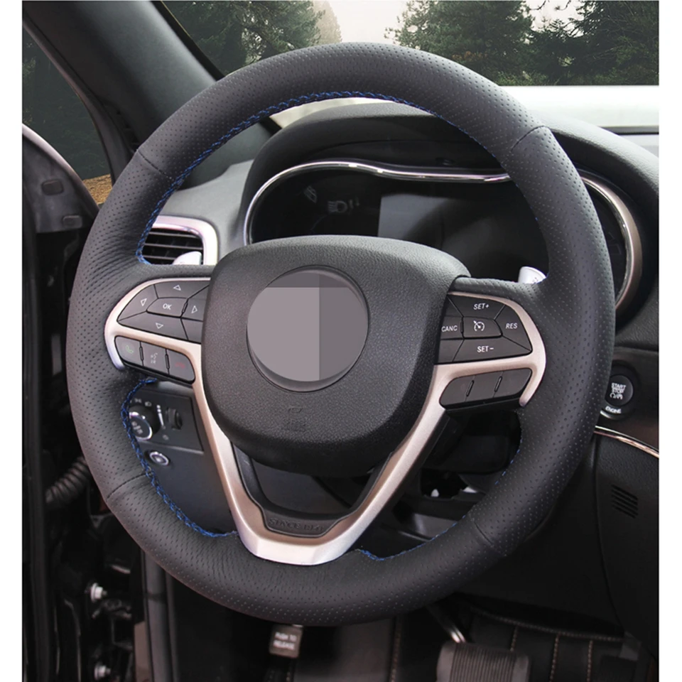 Black Hand-stitched PU Leather Black Artificial Leather Car Steering Wheel Covers Wrap for Jeep Grand Cherokee