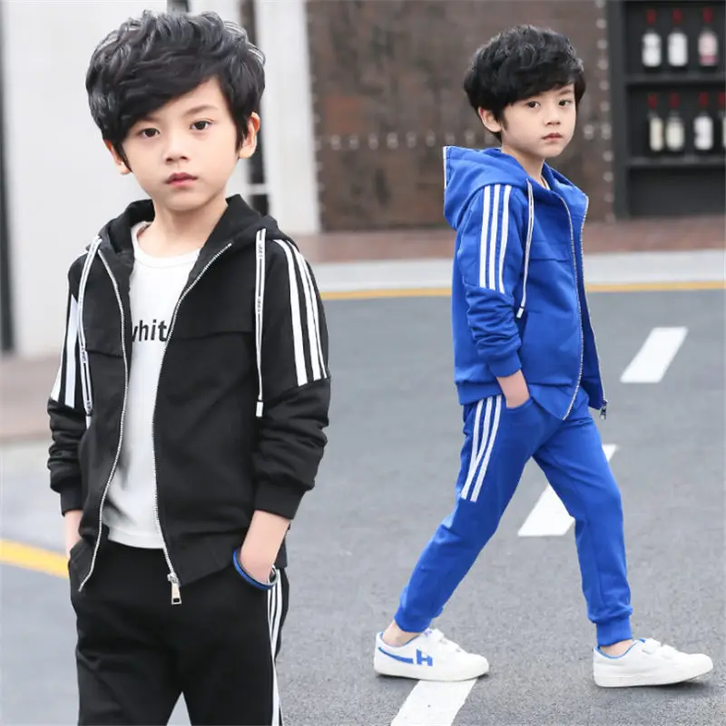 

High Quality Little Boys Spring Autumn Clothes Set Children Fashion Cotton Hooded Zipper Tops+Pants 2pcs For Teenager Tracksuit