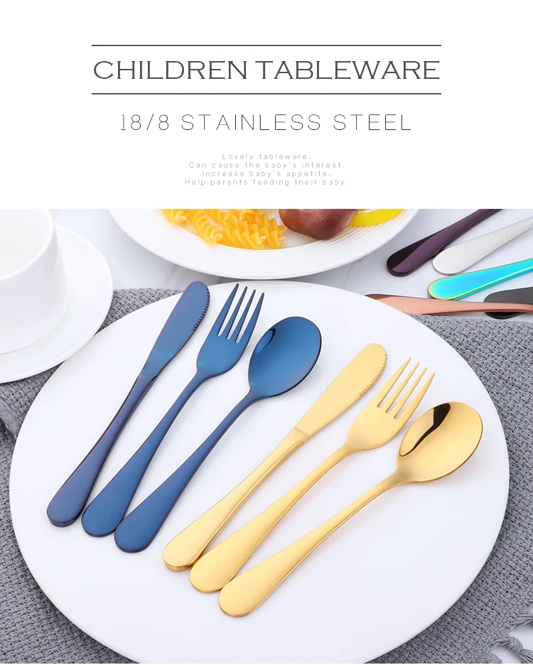 Набор детской посуды, черные столовые приборы для детей, набор милой кухонной посуды из нержавеющей стали 18/10, синий набор кухонной посуды, вилка, нож