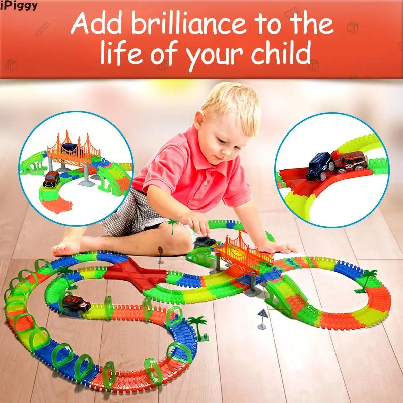 

iPiggy Miracle Tracks Railway Road Light With Glow Stunt Luminous Racing Flexible Slot Cars Magical Truck Toys For Boys