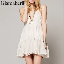 Glamaker кружевное мини-платье с v-образным вырезом на шее, летнее сексуальное элегантное белое короткое платье с открытой спиной, женское праздничное пляжное платье для вечеринки, Новинка