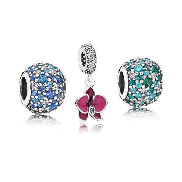 

Fits European Bracelets New 3Pcs 100% Sterling-Silver DIY Jewelry Orchid Charm & Pave With Multi-colored CZ Stones SZH59