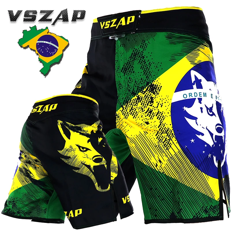 Baratos Pantalones cortos de boxeo VSZAP para hombre de Brasil MMA, pantalones cortos de boxeo para lucha, pantalones cortos de boxeo de poliéster con impresión de Gel de Kick Muay Thai