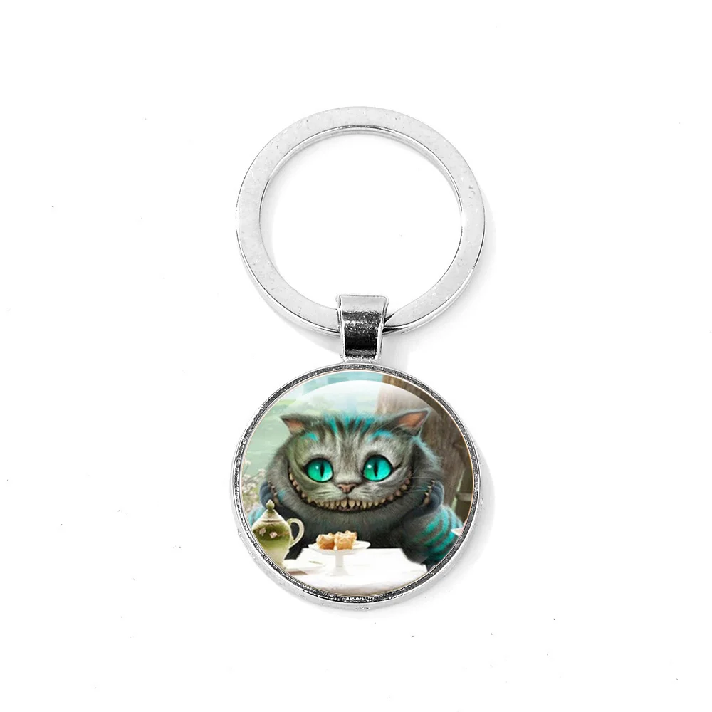SIAN Фильм Алиса в стране чудес брелок Чеширский кот плакат стеклянный кабошон кулон брелок мультяшный брелок для ключей с животными креативный подарок - Цвет: Style 1
