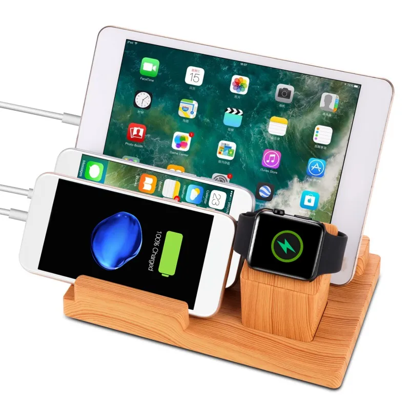 

4 USB Ports Wooden Desk Charging Station Smartphone Charger Dock Stand For Apple Watch iPhone Plus 7 6 iPad234 Air