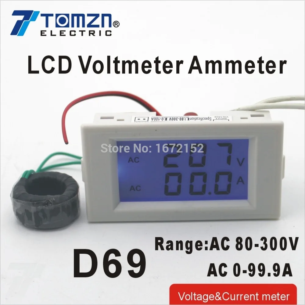 

D69 Dual LCD display Voltage and current meter blue backlight panel voltmeter ammeter range AC 80-300V 0-99.9A white