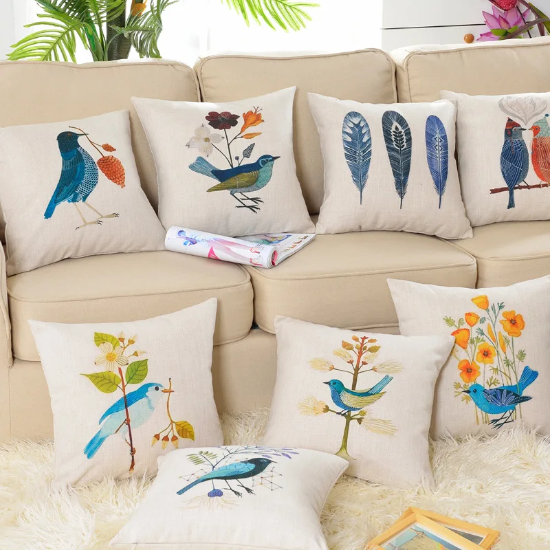 

Custom Made Cushion Cover Pillow Case Seat Lumbar Envelop for Sofa Linen Cotton 45*45cm 55*55cm Birds Leaves Feather Beige
