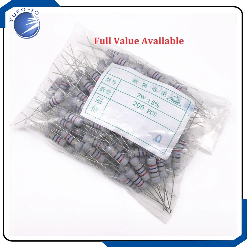 

200PC 2W 5% Full Value Carbon film resistor Metal Oxide 0123456789R/K/M 0.1.2.3.4.5.6.7.8.9 R K M 0 1 2 3 4 5 6 7 8 9 Ohm
