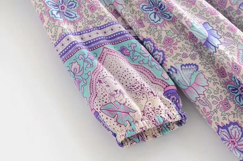 Винтажная шикарная модная женская богемная Цветочная печатная v-образный вырез на шнуровке из вискозы Boho блузка Рубашки с длинным рукавом женская рубашка