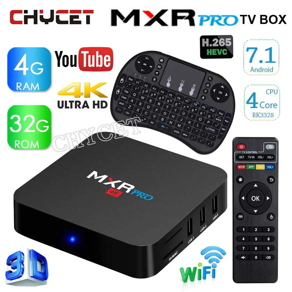 

Newest MXR PRO Android 7.1 Smart TV BOX RK3328 Quad Core 64bit 4G 32G 4K H.265 VP9 3D Media Player HDMI Set-top Box