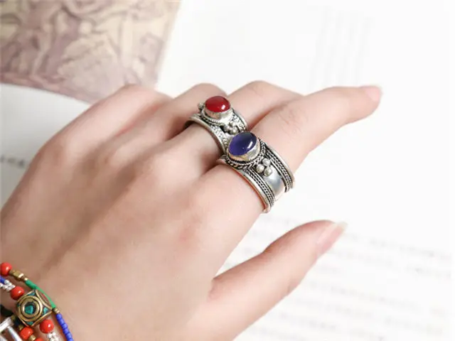 R033 старину старинные Открытые Кольца для леди тибетское Серебро инкрустированные несколькими бусинами кольца из Непала