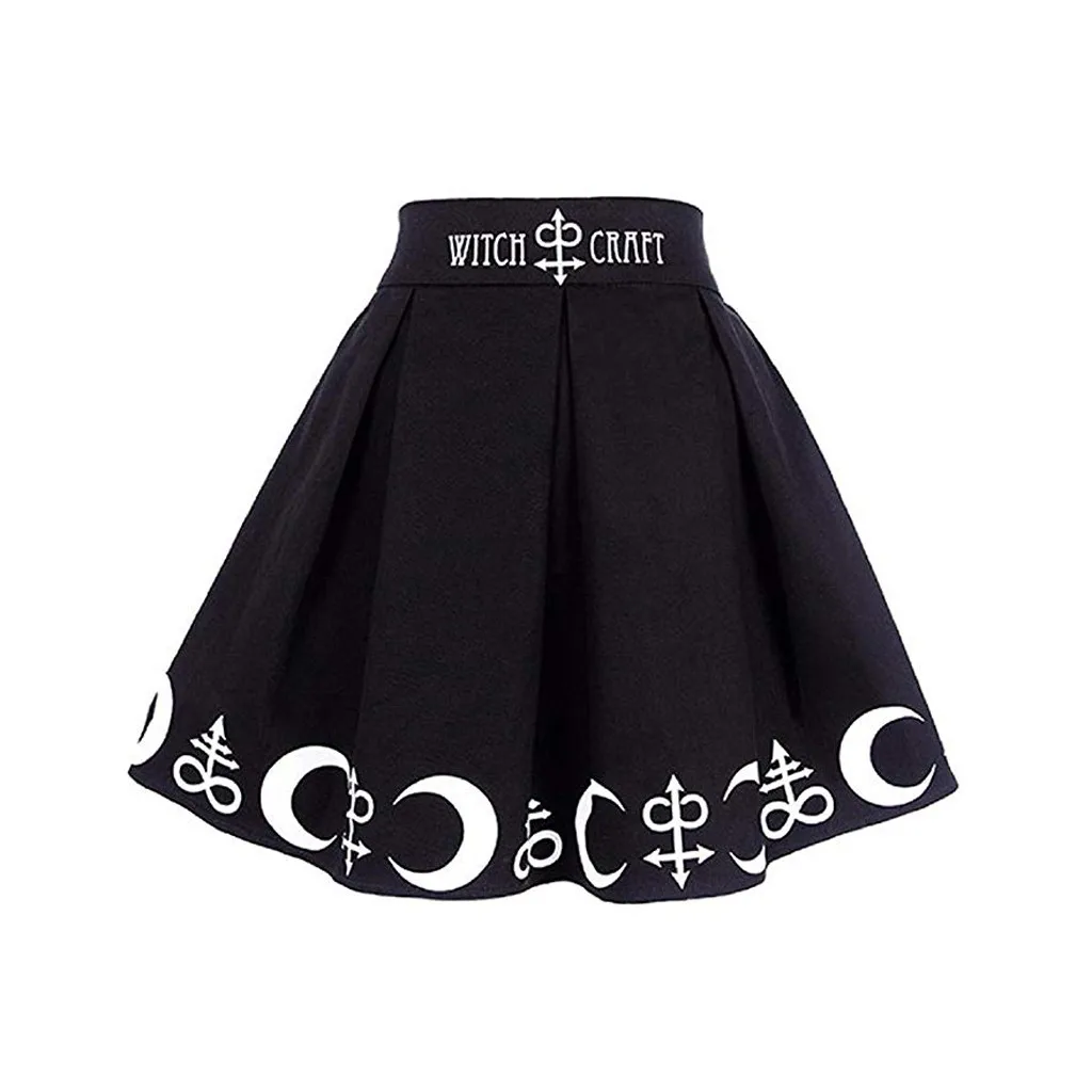 

Feitong Women Skirts Fashion Gothic Punk Witchcraft Moon Magic Spell Symbols Pleated Mini Skirt Summer Jupe Femme Women Clothing
