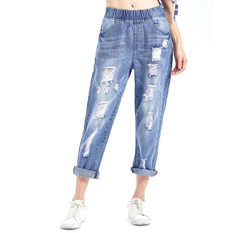 Рваные джинсы для женщин с высокой талией, эластичные свободные джинсы бойфренда в ковбойском стиле, женские джинсовые штаны-шаровары, женские джинсы, Плюс Размер, 5XL - Цвет: Синий