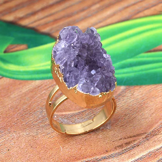 Модные бусины натуральный пурпурный кварц аметисты кольцо неправильной формы регулируемое кольцо ювелирные изделия - Цвет основного камня: Golden