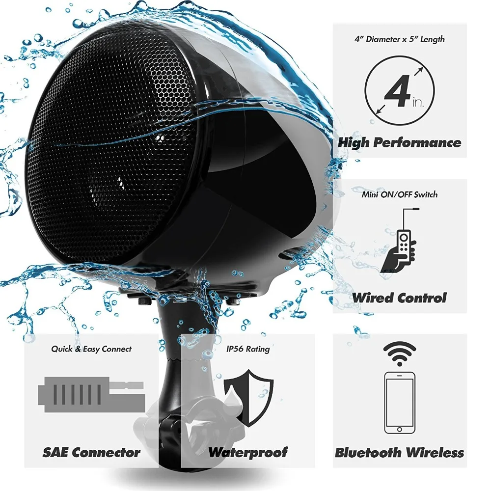 Aileap SPK350L Высокая производительность 4 дюйма 300 Вт Водонепроницаемый Мотоцикл/скутер Bluetooth динамик Музыка Аудио система Черный