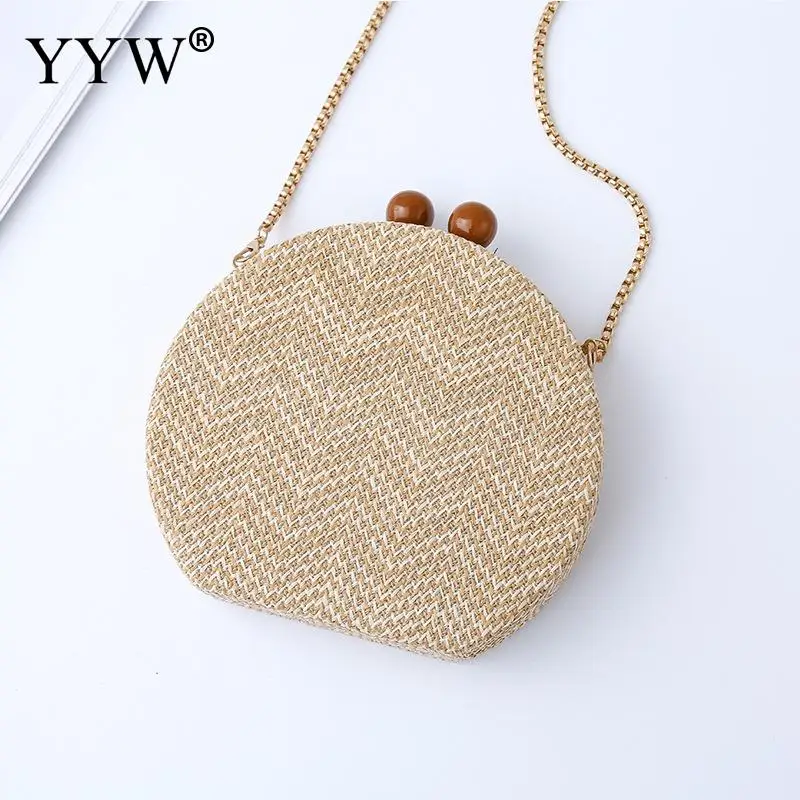 

Women Handmade Bamboo Bag Round Ranttan Straw Bag 2019 Apricot Clutch Bag With Gold Chain Ladies Crossbody Shoulder Purse Bags