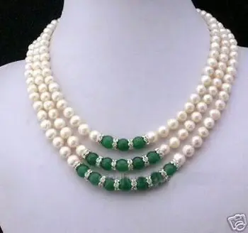 

3Rows 7-8MM White Akoya Pearl & Emerald Necklace