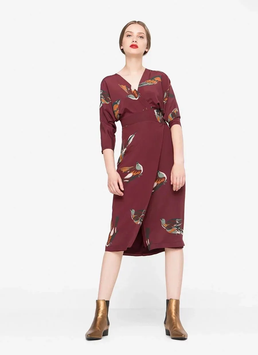 2019 New Women Bird Print Half Sleeve Split Dress V Neck Slim Midi Dress 100% Silk