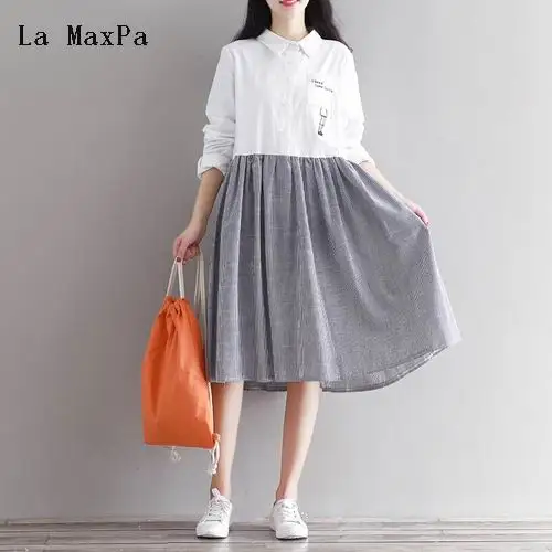 

La MaxPa Mori Girl spring Autumn Embroidered Shirt Dress Turn Down Collar Single Breasted Pleated Waist Patchwork Striped Dress