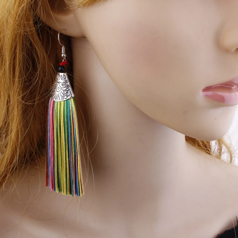 H:HYDE Handmade Tassel Earrings 2018 Trendy Black Red Yellow Green Long Dangles Ear Broncos Silk Fringed Jewellery For Women Fashion Jewelry