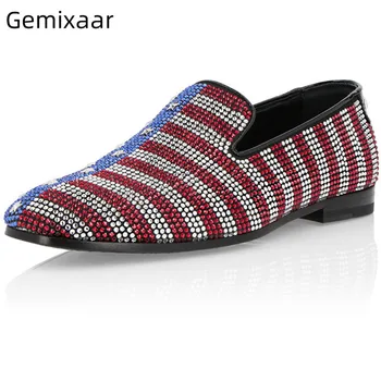 

Bling Crystal Party Shoes Men Round Toe Slim Shallow Flat Heel Footwear Mix Lines Stars Comfy Real Leather Insole Shoes Men Male